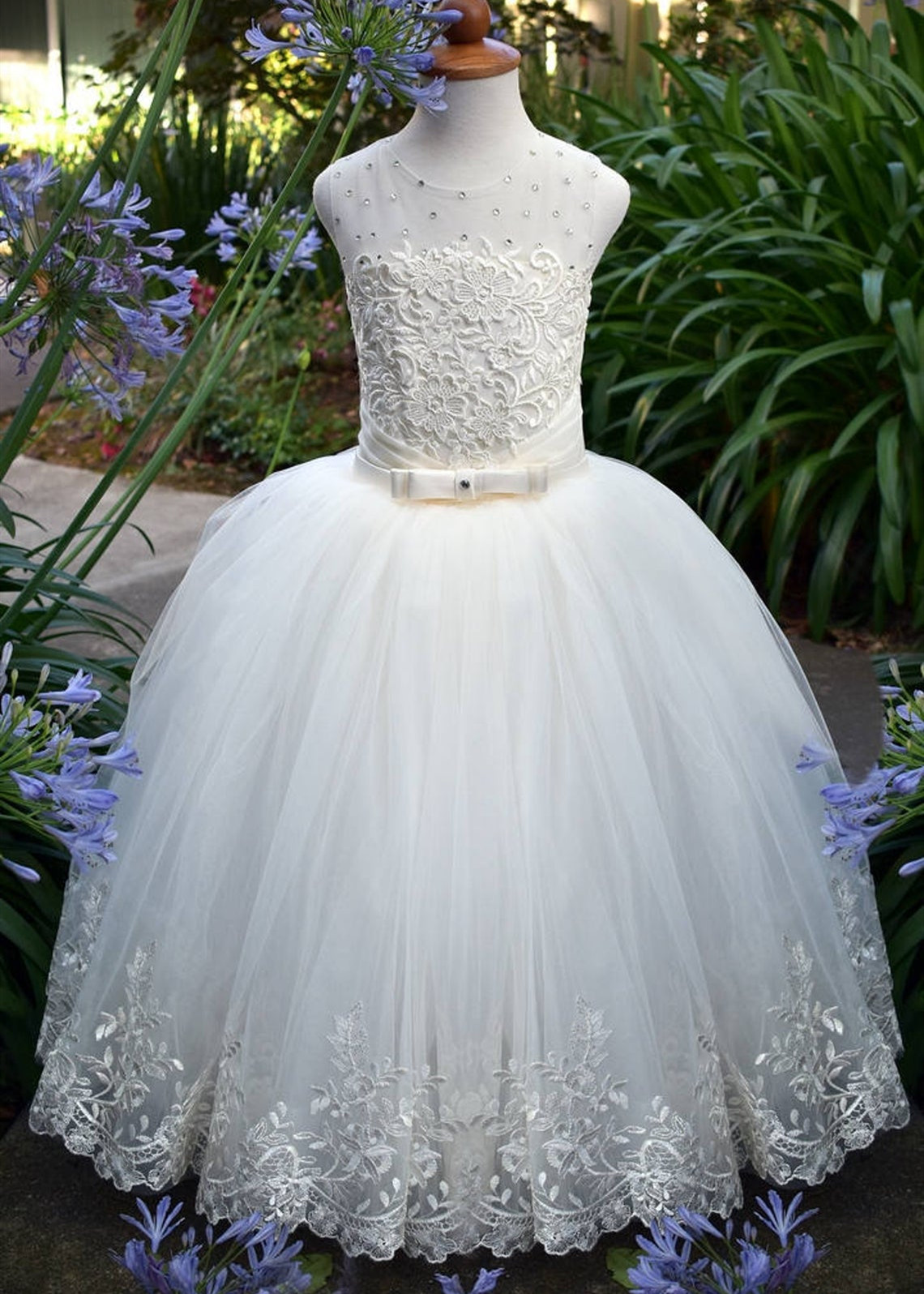 Ball Gown Beaded Ivory Lace Tulle Keyhole Back Flower Girl Dress